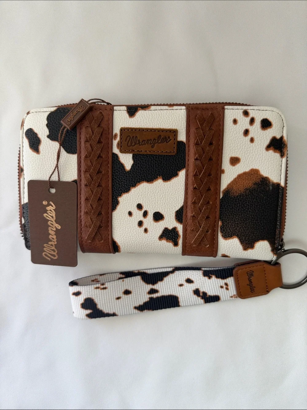 Wrangler Brown, Black & White Cowhide Zip Wallet with Wristlet